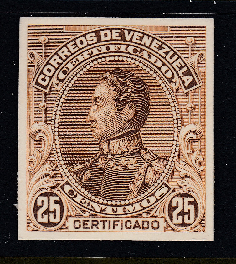 Venezuela 1899 25c Yellow Brown Registration Plate Proof. Scott F1