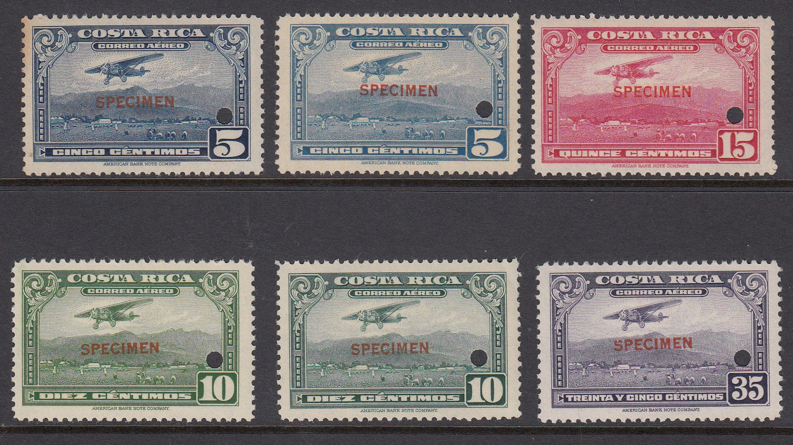 Costa Rica 1952-53 Airmail Specimen Complete Set MNH. Scott C216-C219 + shades