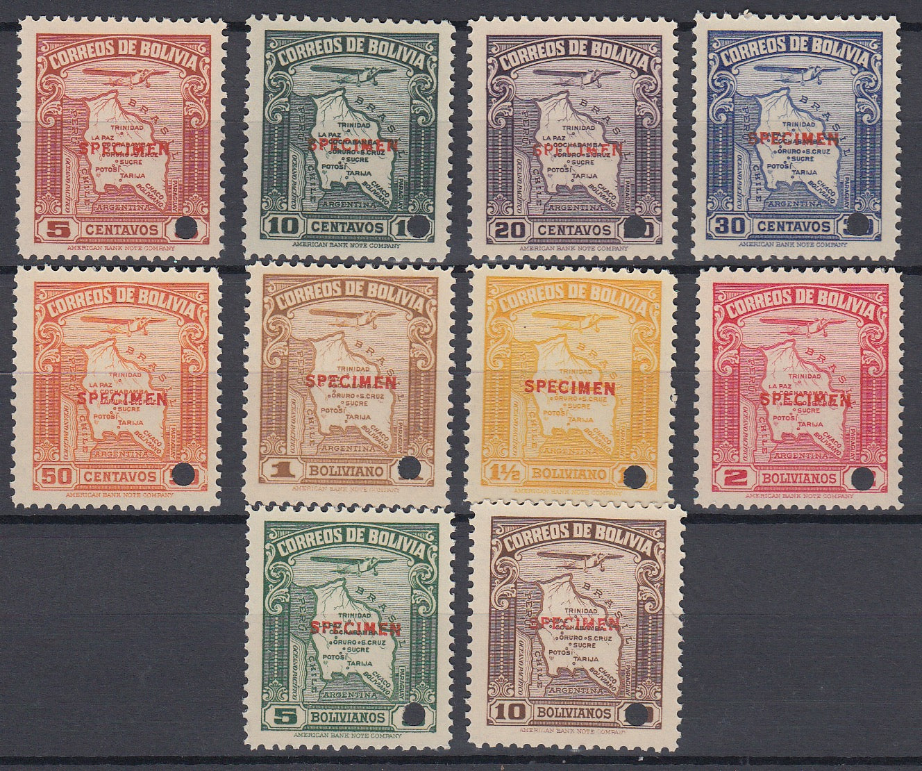 Bolivia 1935 Complete Airmail Set with Specimen overprint. MNH. Scott C42-51var