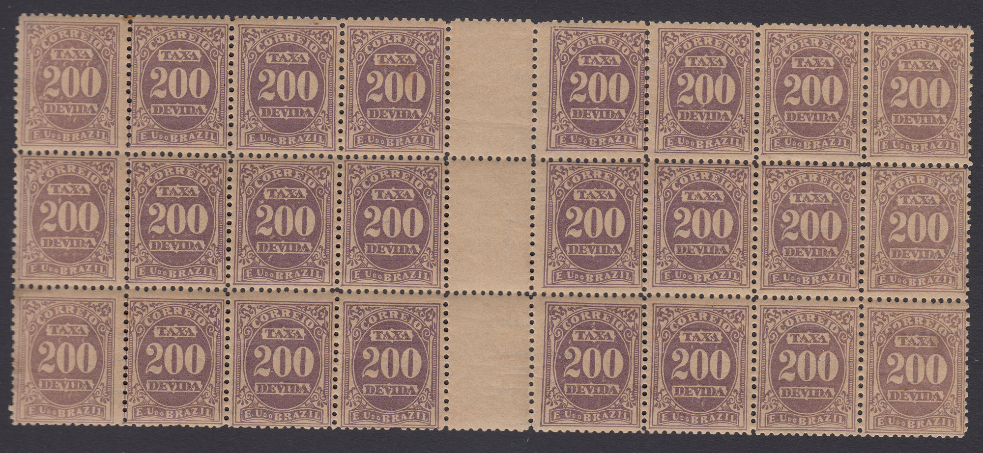 Brazil 1906 200r Violet Postage Due block of 24. MNH unmounted. Scott J26b