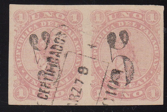 Paraguay 1878 5c Black Surcharge on 1r Rose Used Pair. Scott 4