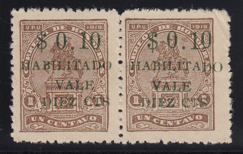 Honduras 1923 10c on 1c Brown DIFZ Overprint Error Pair MNG. Scott 210Cd