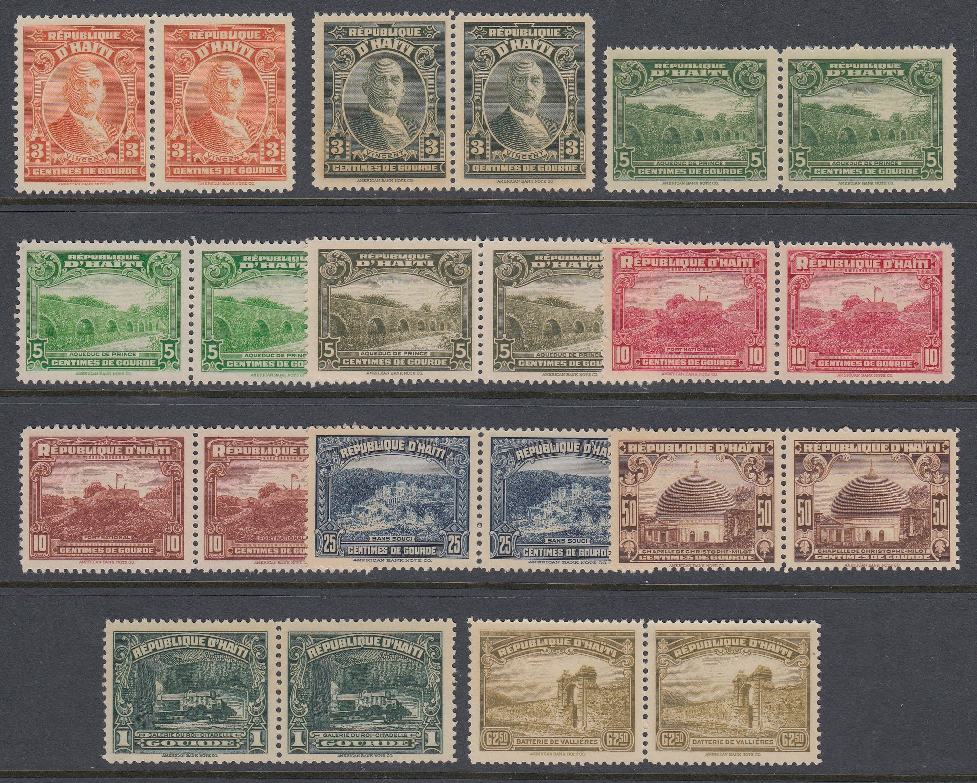 Haiti 1933-40 Definitives Complete Set Of Pairs Plus Shades MNH. Scott 325-334