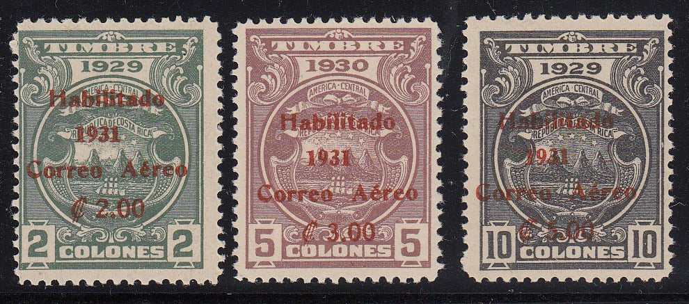 Costa Rica 1931-32 Habilitado Airmail Surcharges (First Printing) Complete Set. Scott C11-C13