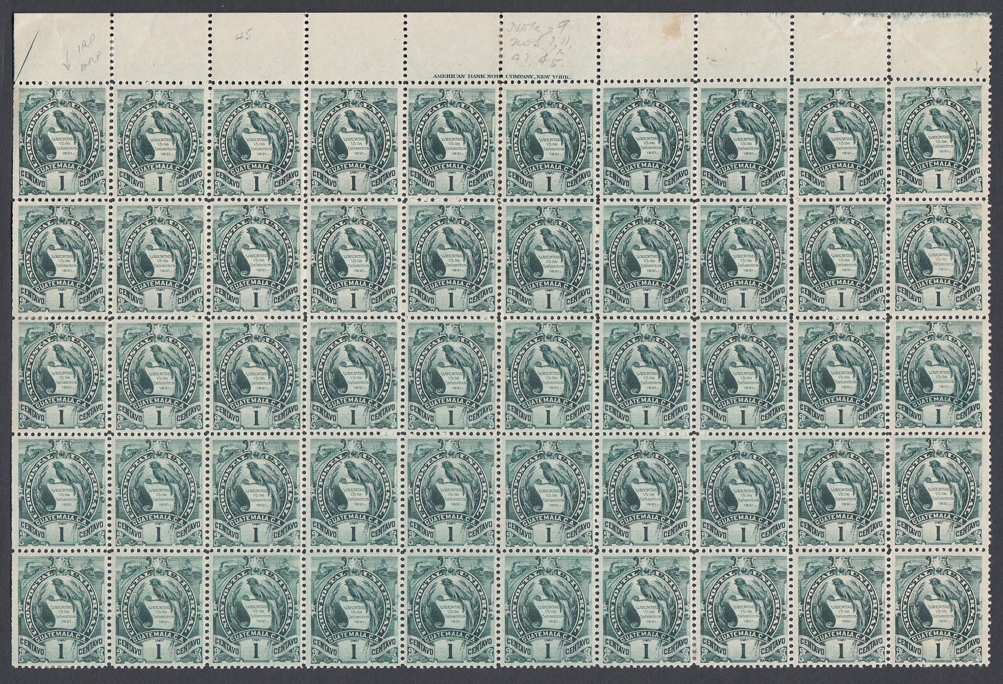 Guatemala 1900-02 1c Dark Green Quetzal Half Sheet Block MNH. Scott 99
