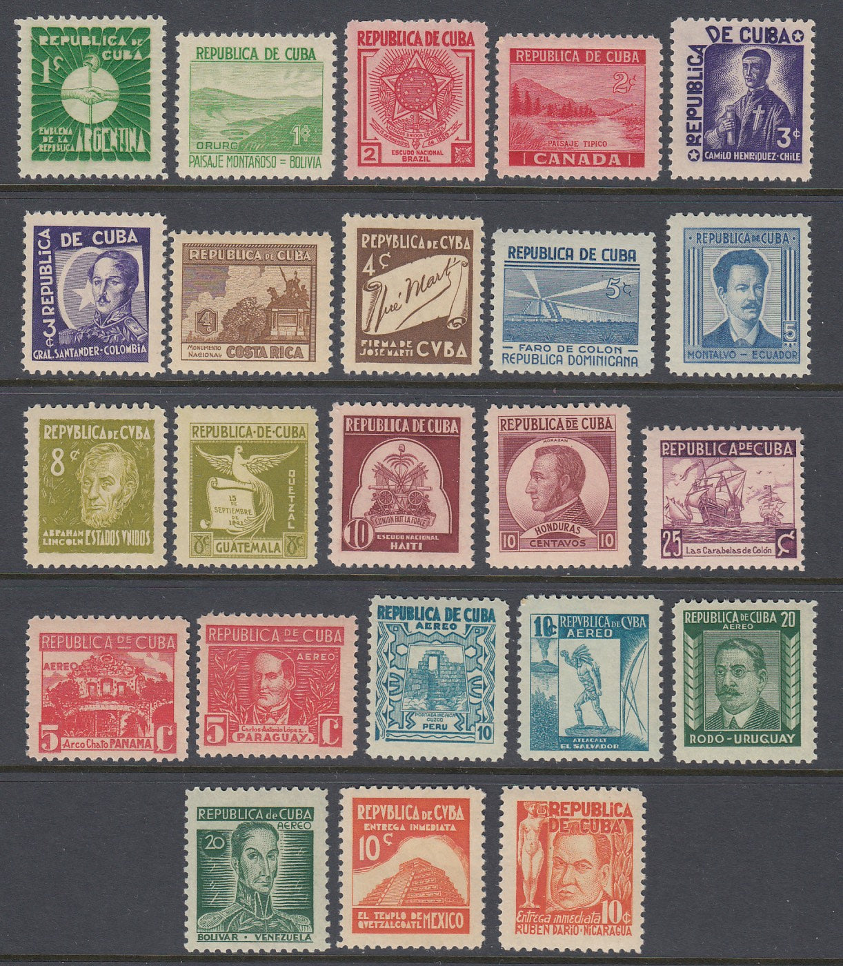 Cuba 1937 American Nations Complete Set (including Airmail and Special Delivery) MNH. Scott 340-354, C24-C29, E10-E11