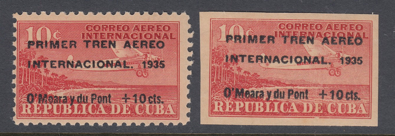 Cuba 1935 10c on 10c Red Air Train Airmail Overprint Perf & Imperf MNH. Scott C16 & C17