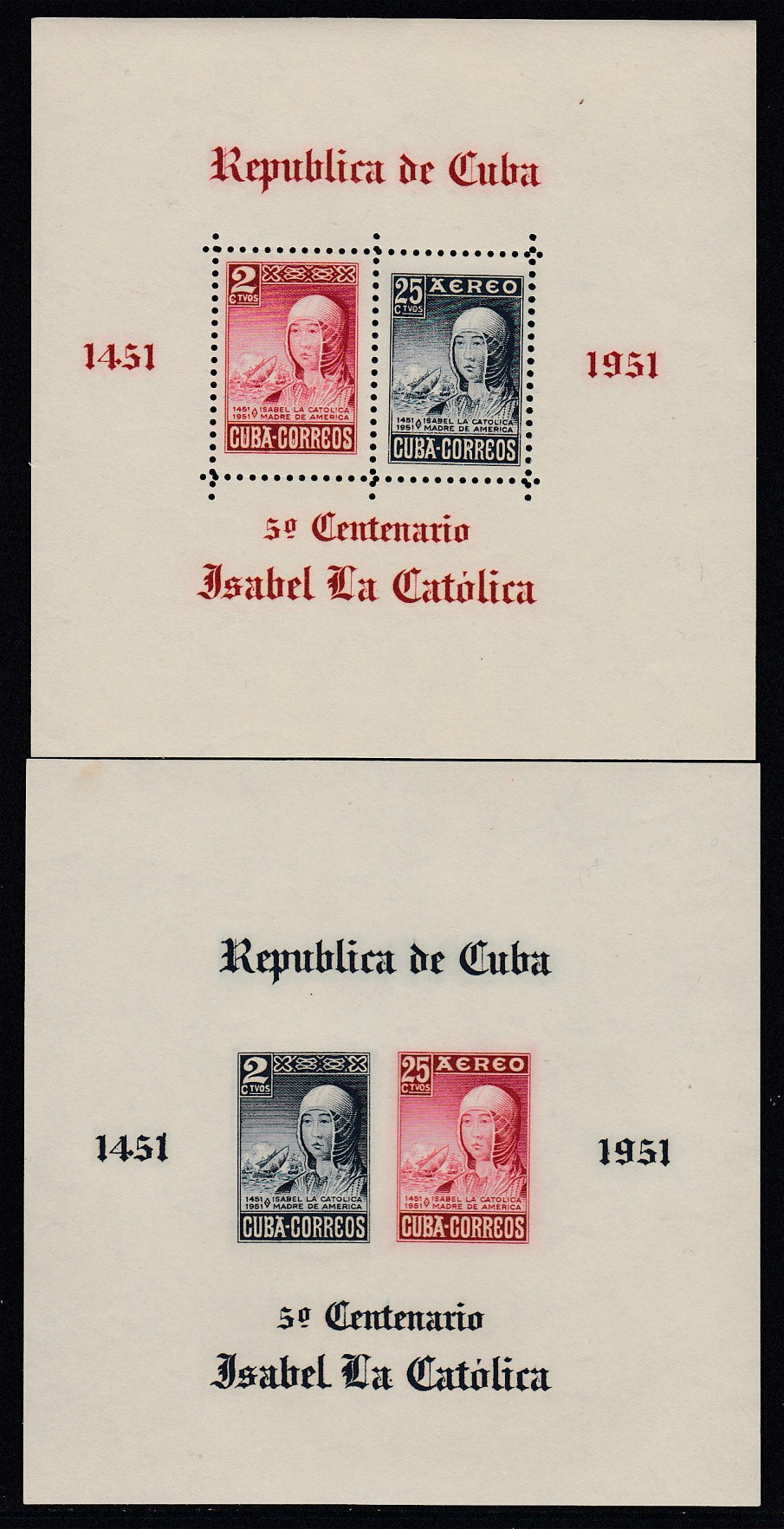 Cuba 1952 Isabella Airmail Souvenir Sheets Perf & Imperf MNH. Scott C50a & C50b