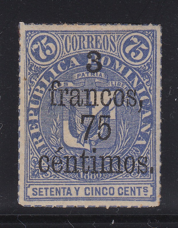 Dominican Republic 1883 3fr 75c on 75c Ultramarine M Mint. Scott 68