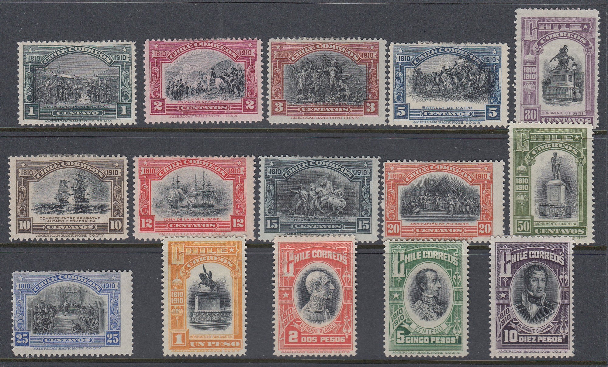 Chile 1910 Independence Centenary Complete Set M Mint. Scott 83-97