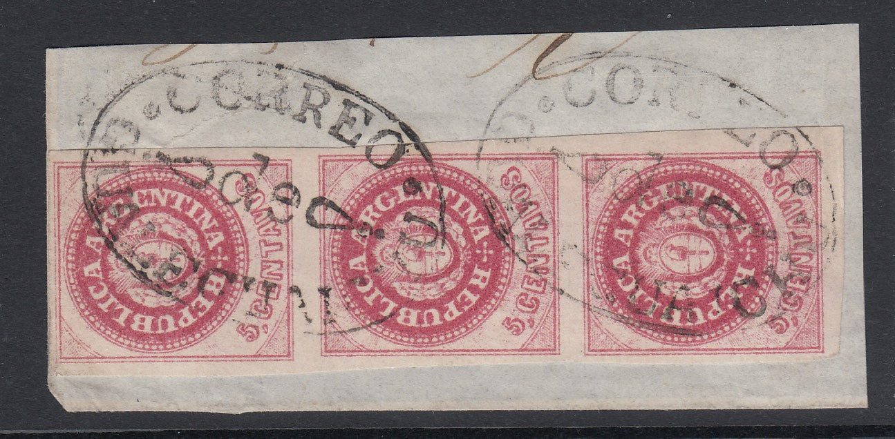 Argentina 1863 5c Red Semi Worn Plate Strip of Three Used on Piece with Gualeguaychu Cancels. Scott 7Cn