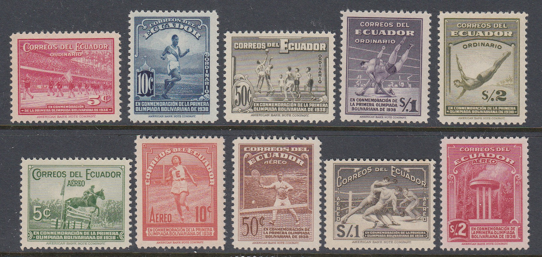 Ecuador 1939 Bolivarian Games Complete Set Plus Airmail Set VLM Mint. Scott 377-381 & C65-C69