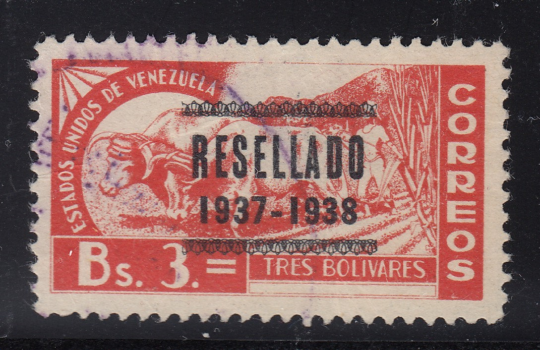 Venezuela 1937 3b Red Orange Resellado Overprint Used. Scott 324