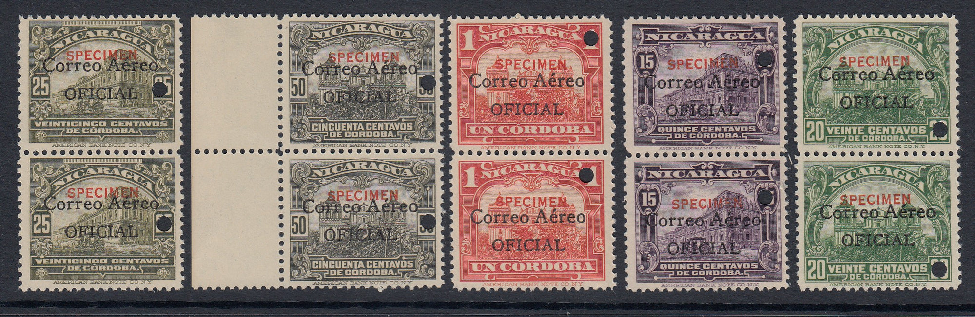 Nicaragua 1933 Airmail Officials Specimen Complete Set in Pairs MNH. Scott CO10-CO14