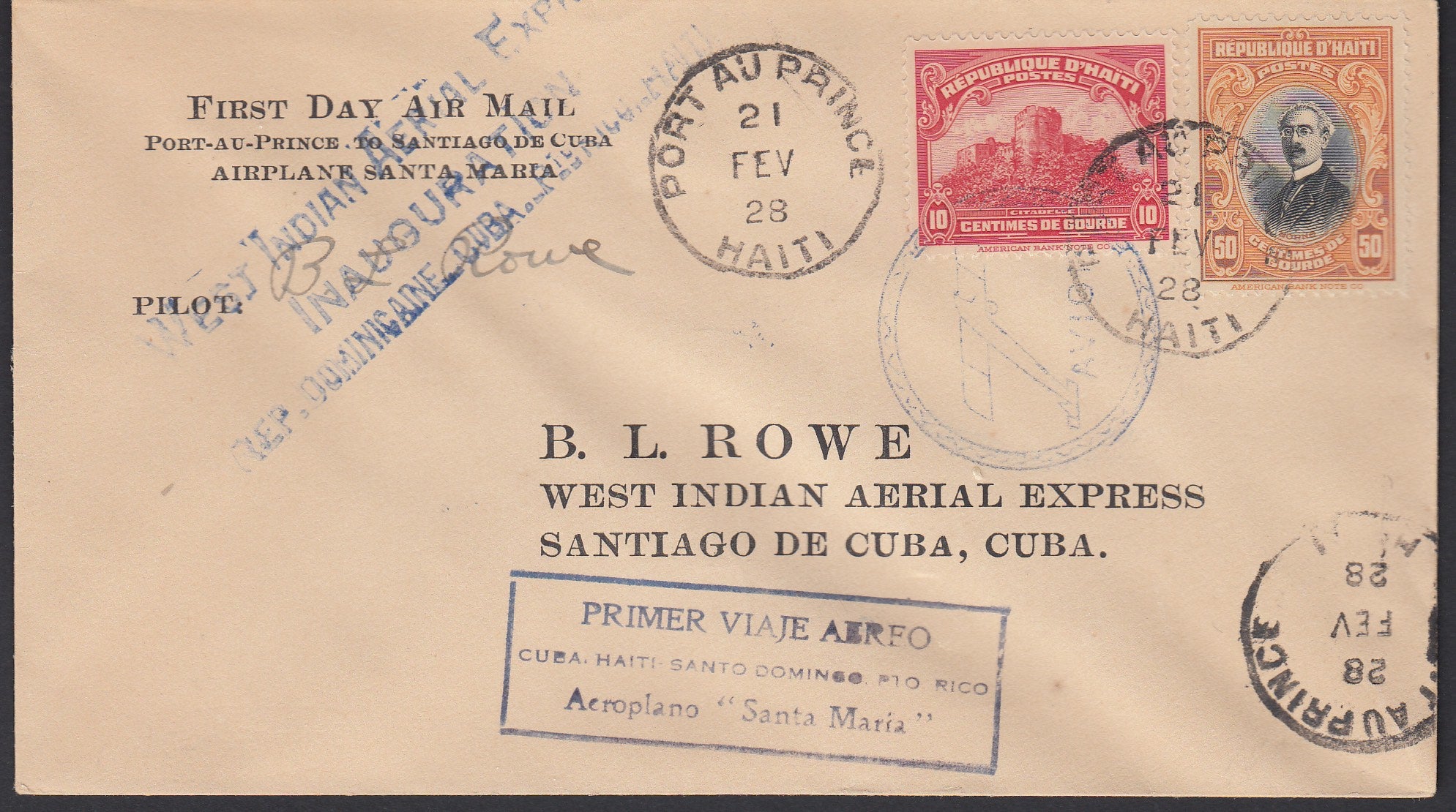Haiti 1928 First Flight Airmail from Port Au Prince to Cuba