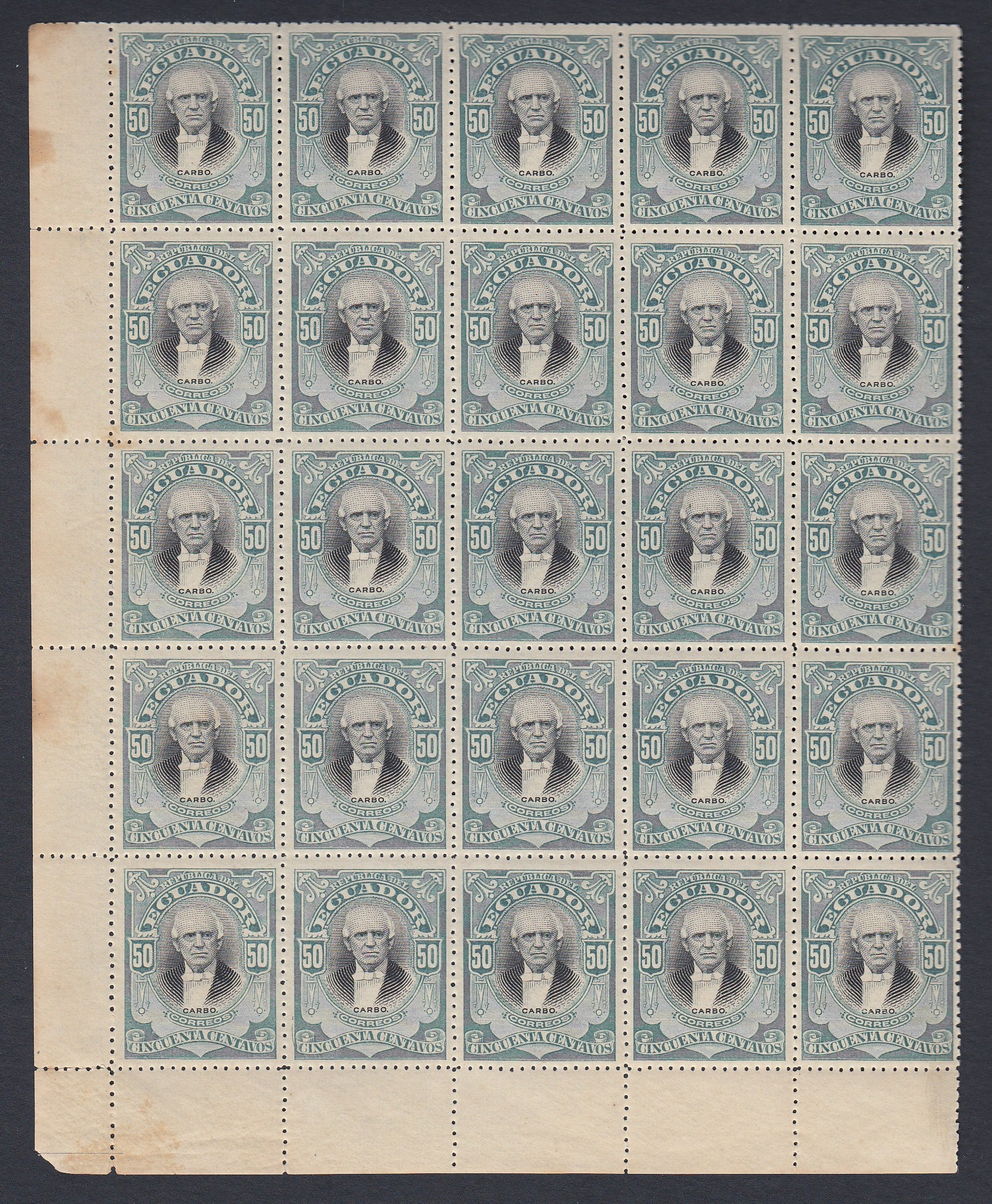Ecuador 1901 50c Light Blue and Black Block of 25 MNH. Scott 150