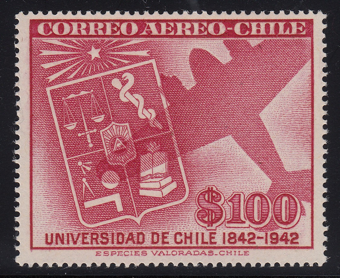 Chile 1942 100p Carmine Lake Airmail MNH. Scott C89