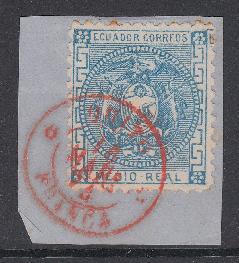 Ecuador 1872 Medio Real Blue, Red Quito CDS dated 1875 Used On Piece. Scott 9