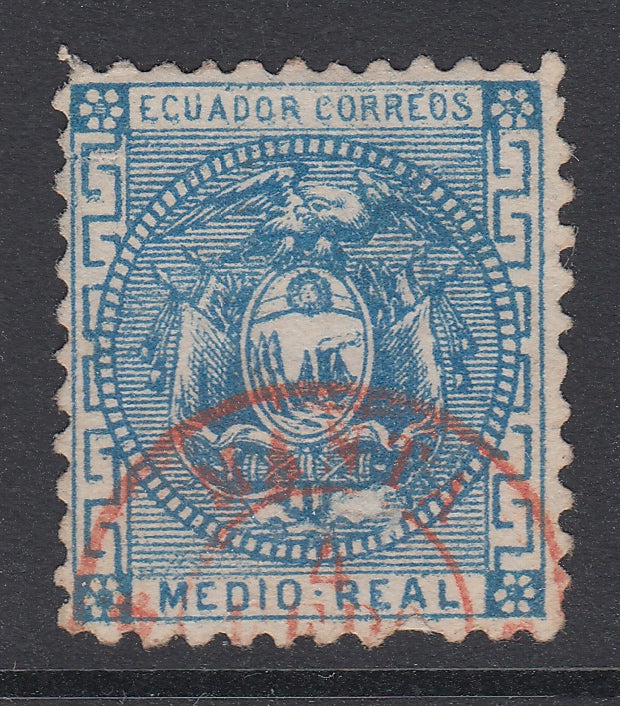 Ecuador 1872 Medio Half Real Blue, Red Manta CDS Used. Scott 9