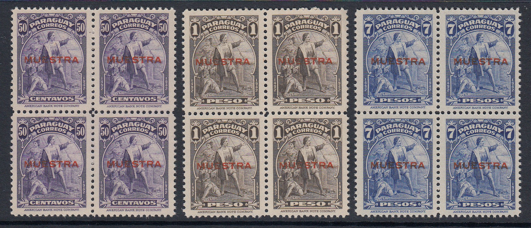 Paraguay 1943 Columbus Issue Specimen Blocks x 3 MNH. Scott 399-402 var