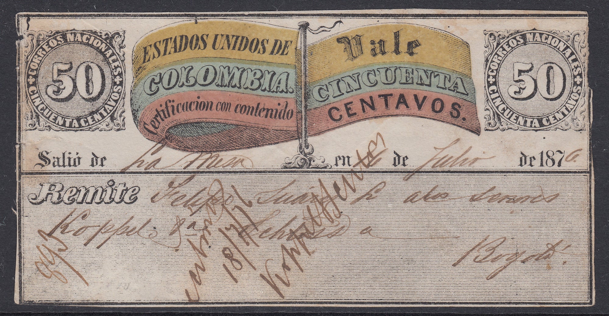Colombia 1873-77 50c Cubiertas Used. Scott G6a