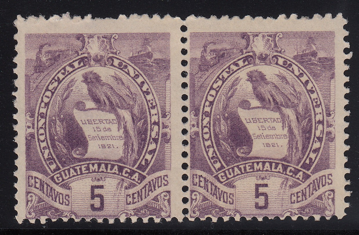Guatemala 1886-95 5c Purple Type I Quetzal Pair Mint. Scott 45