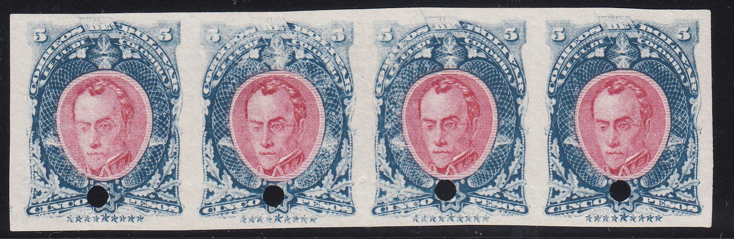 Colombia Bolivar 1882 5p Blue & Rose Red Plate Proof Strip of 4. Scott 35 var