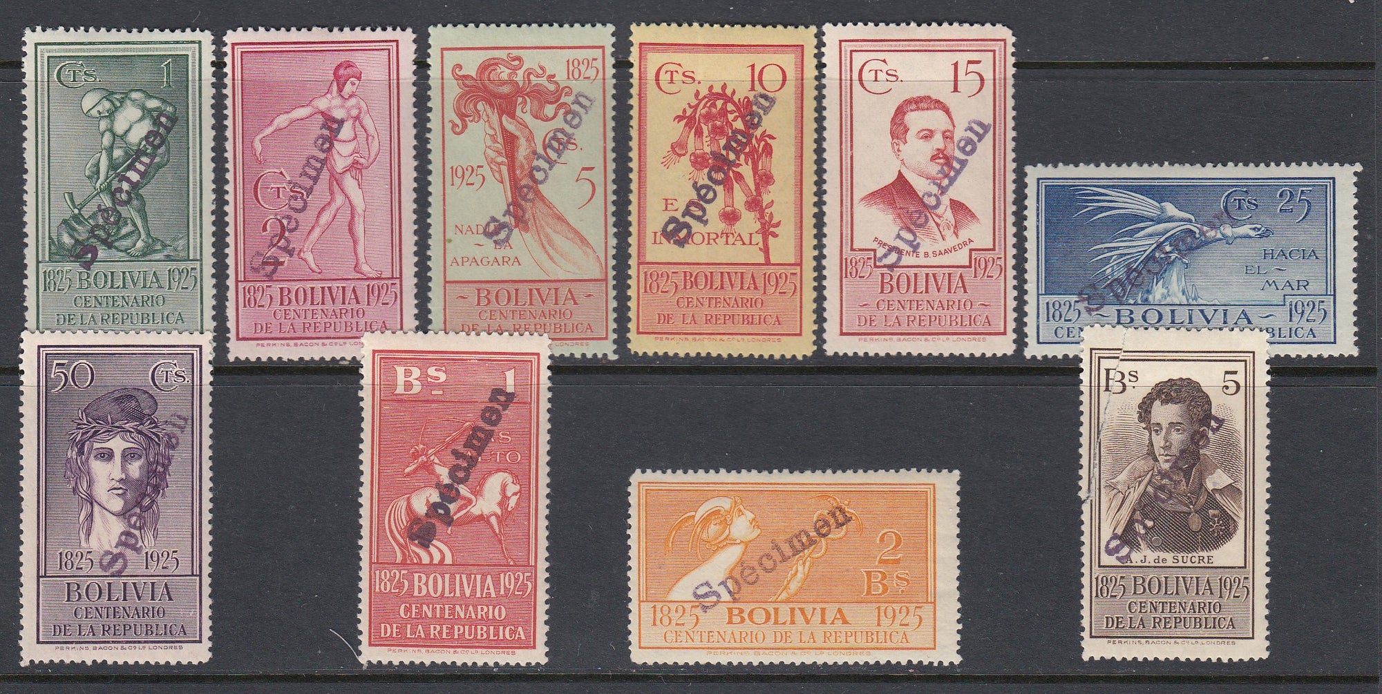 Bolivia 1925 Centenary Complete Specimen Set LM Mint. Scott 150-159 var