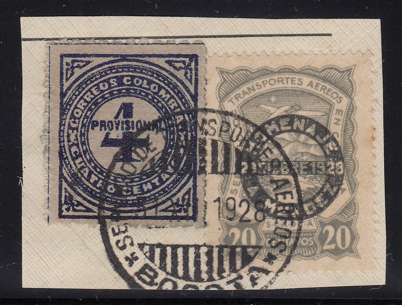 Colombia SCADTA 1928 Mendez Overprint Airmail Used tied with 4c Provisional on Piece. Sct C53