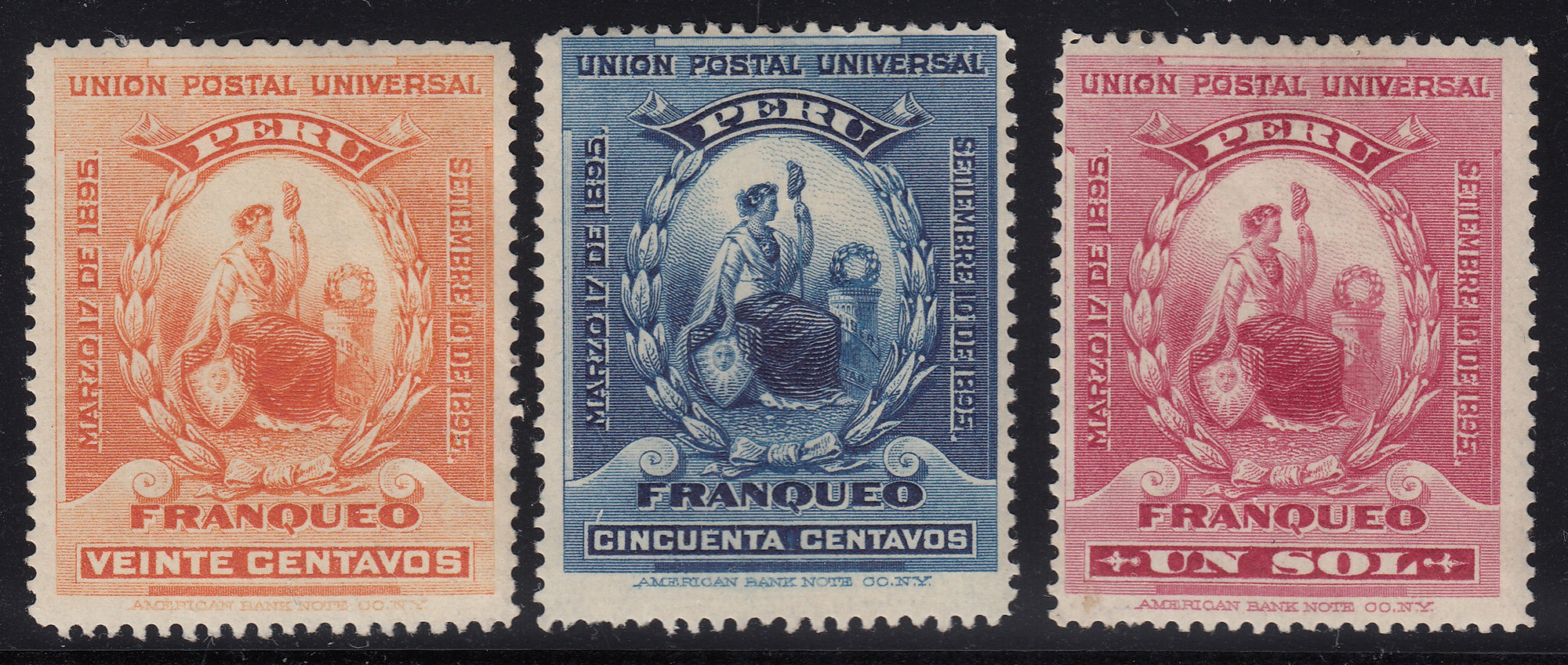 Peru 1895 20c, 50c & 1s High Values LM/M Mint. Scott 138-140