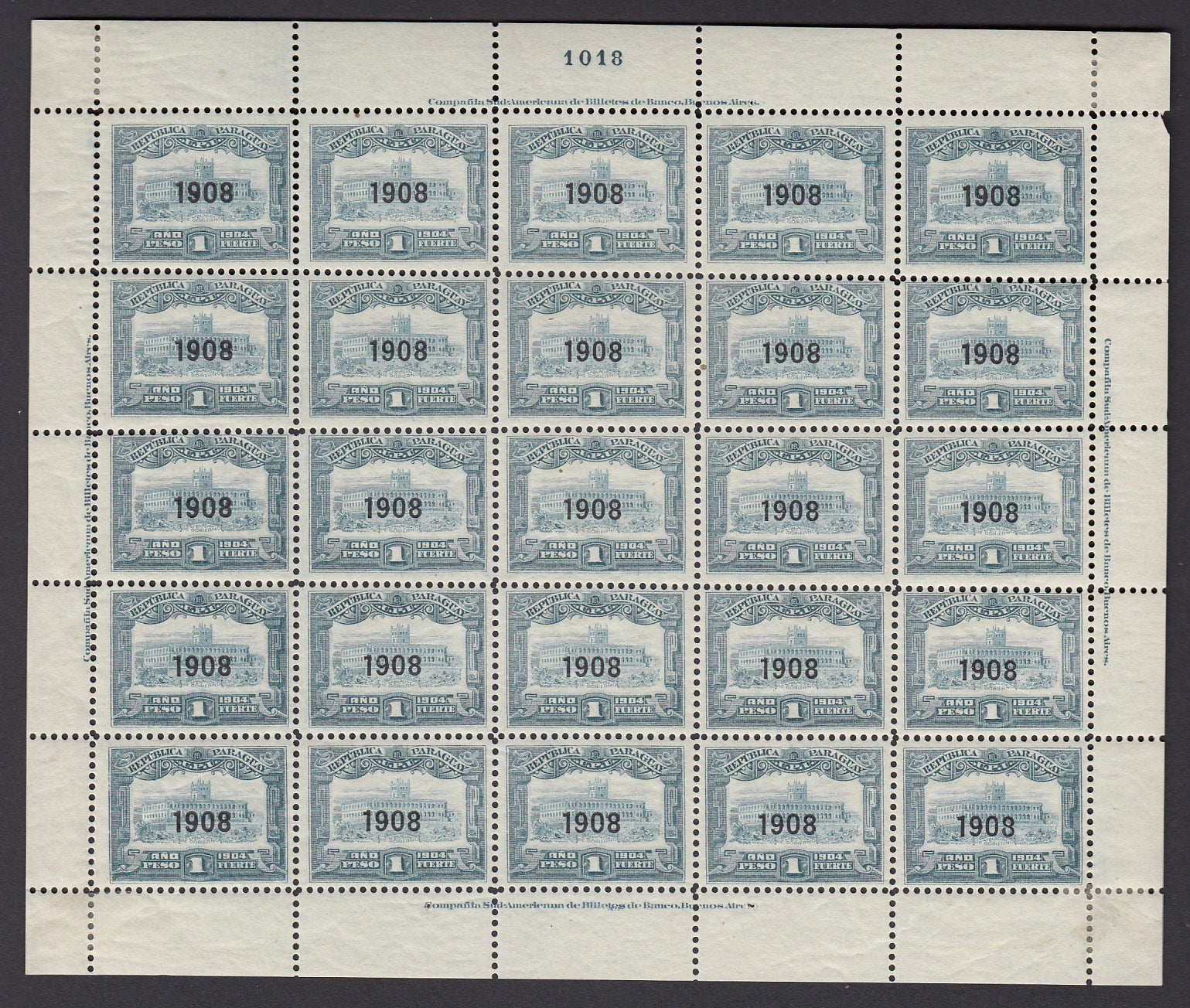 Paraguay 1908 1p Light Blue Complete Sheet MNH. Scott 180