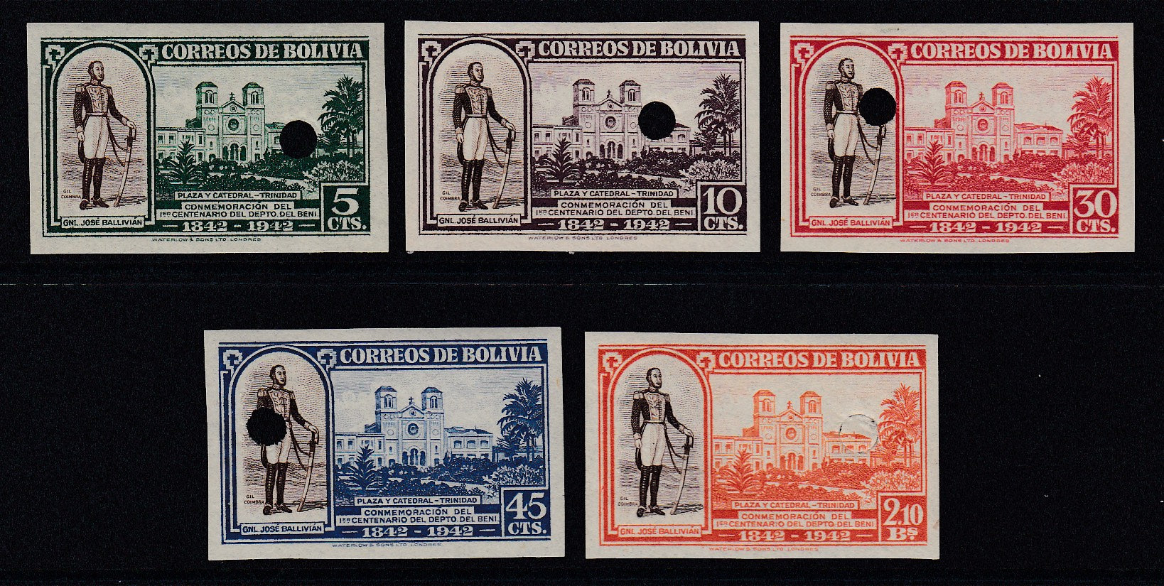 Bolivia 1943 Beni Centenary Plate Proofs Complete Set MNH. Scott 297-301 var