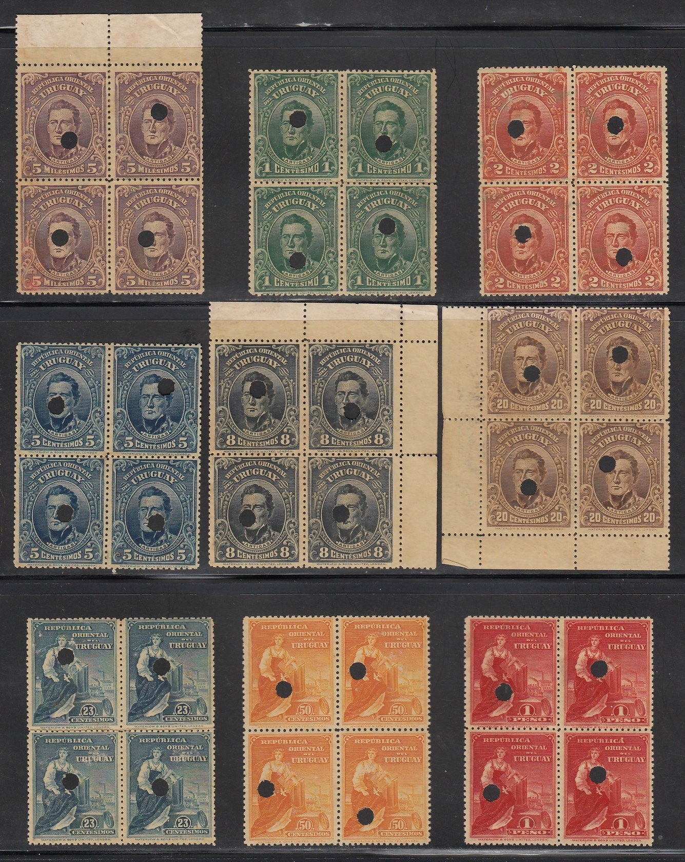 Uruguay 1910 Complete Set Waterlow File Copy Blocks. Scott 187-195 var