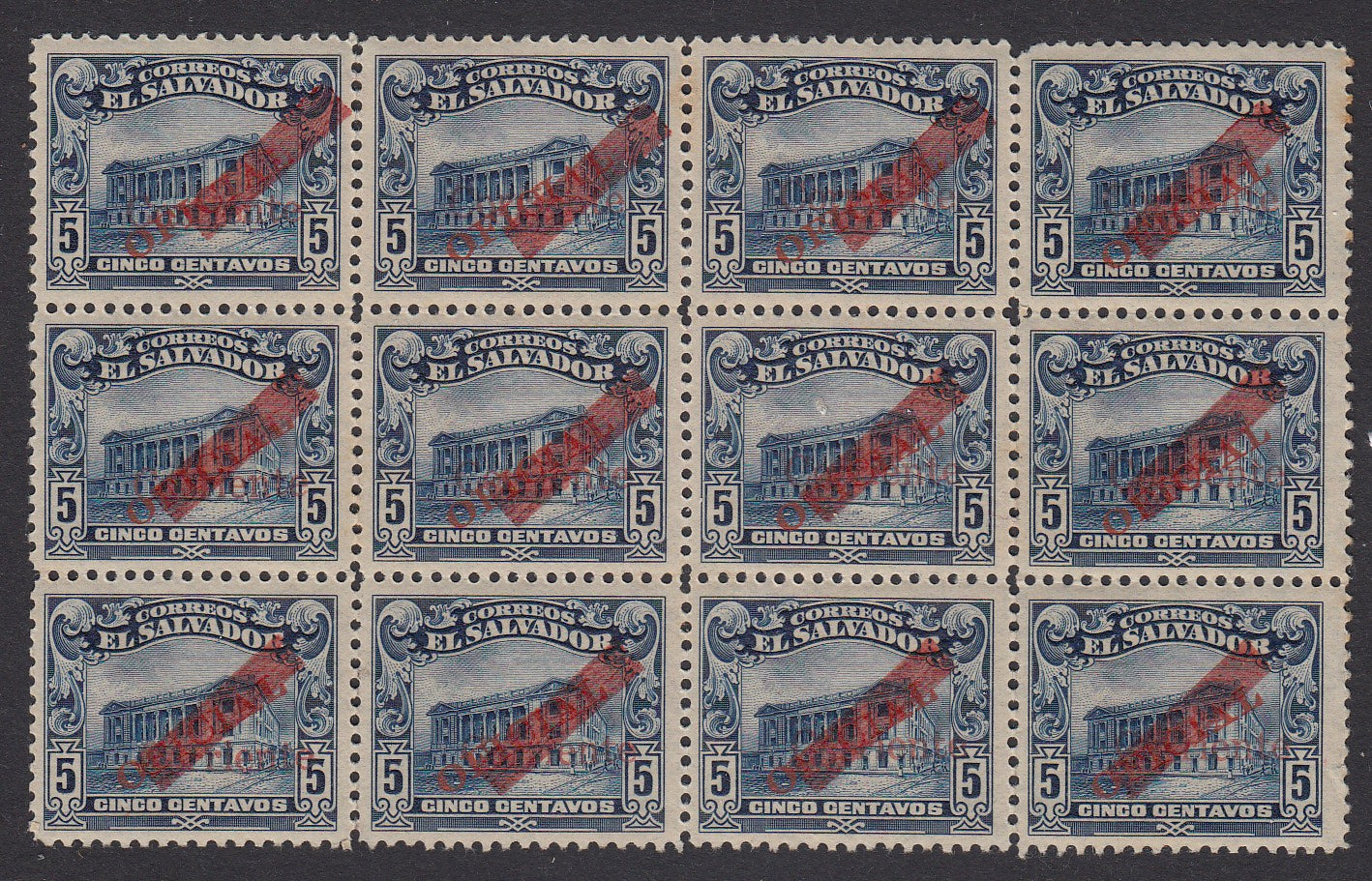 El Salvador 1917 5c Deep Blue Corriente Overprint Block MNH. Scott 450
