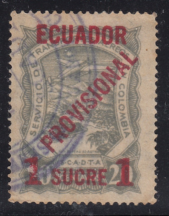 Ecuador 1928 SCADTA 1s on 20 Grey 45 Degree Provisional Airmail Used. Scott C3