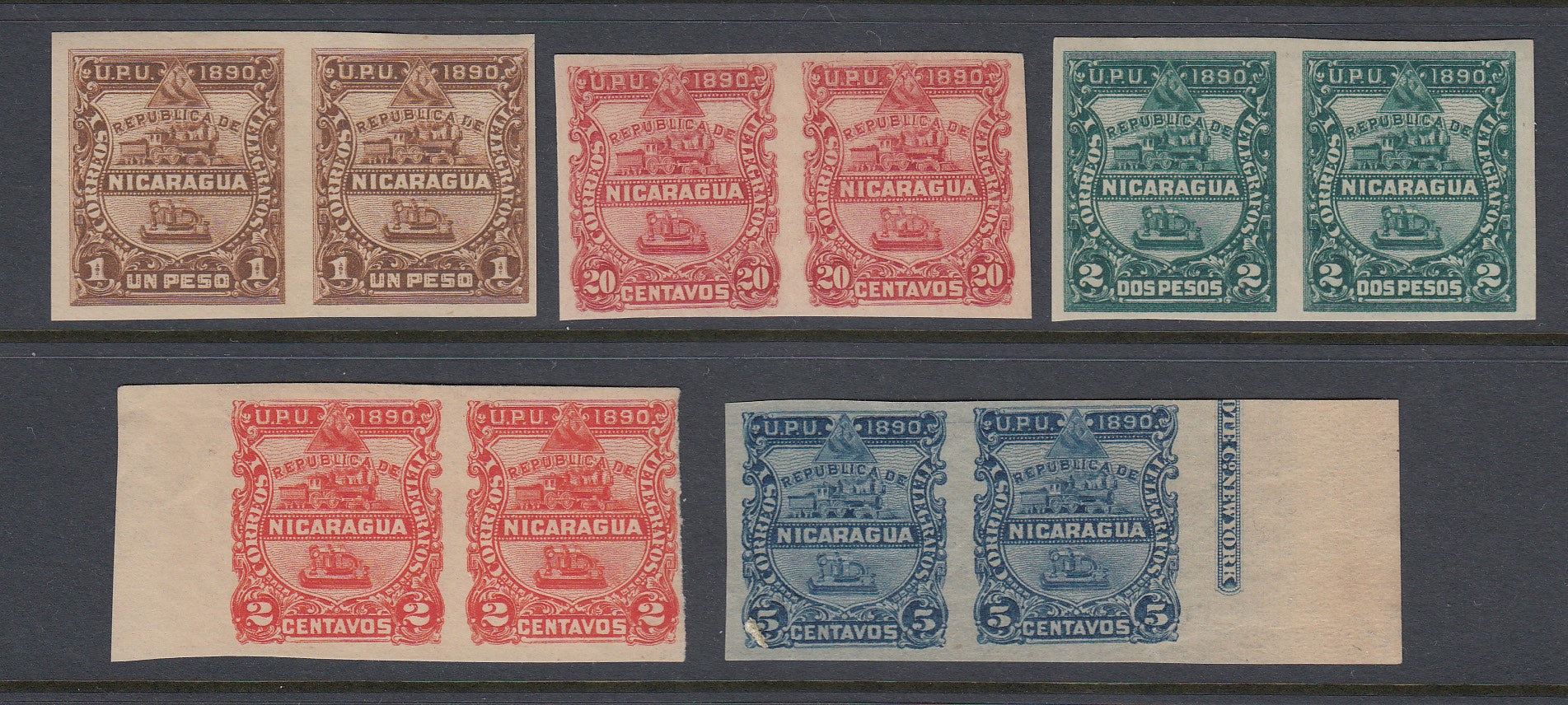 Nicaragua 1890 Imperf Proof Pairs in Issued Colors VLM Mint. Scott 21-27 var