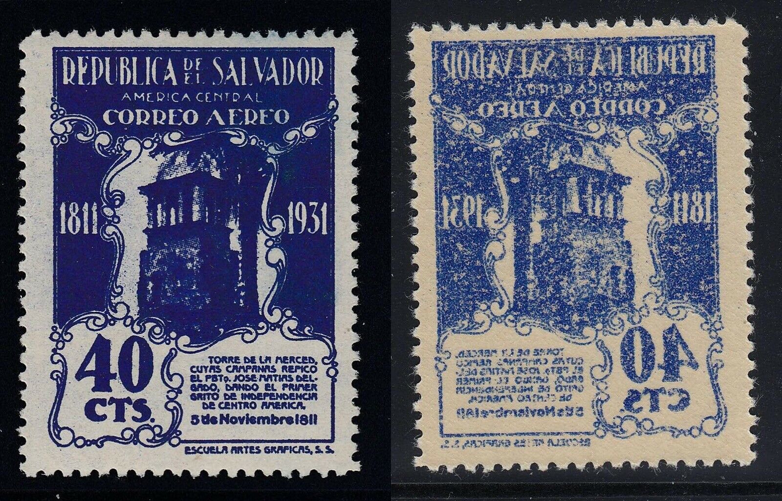 El Salvador 1931 40c Ultra Airmail with Mirror Offset on Reverse MNH. Scott C23 var