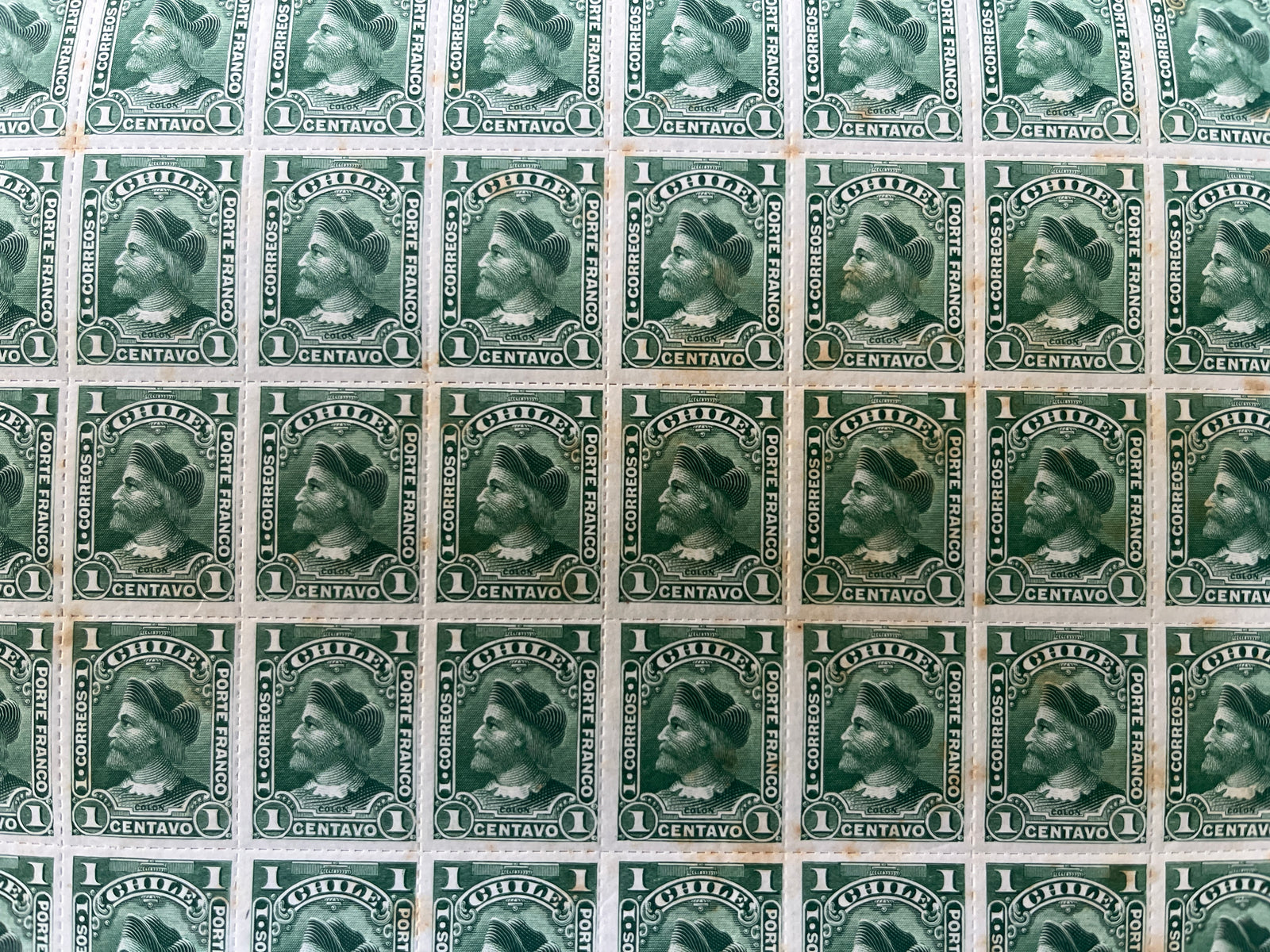 Chile 1900-01 1c Yellow Green Cabezones Complete Sheet x 100 MNH. Scott 39
