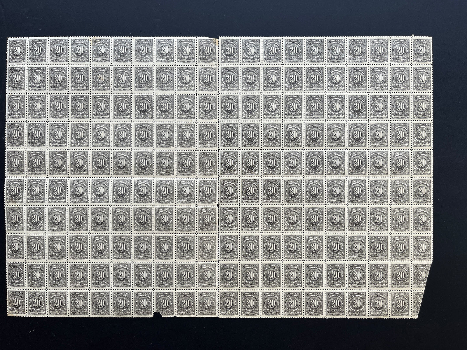 Colombia 1904 20c Black Redrawn Split Sheet Of 200 MNH. Scott 319a