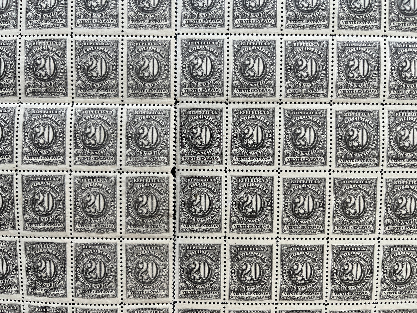 Colombia 1904 20c Black Redrawn Split Sheet Of 200 MNH. Scott 319a