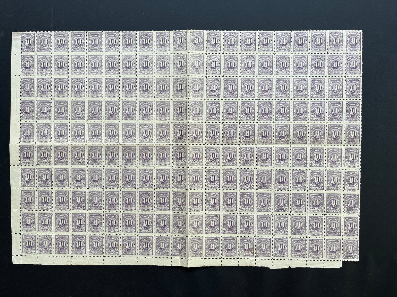 Colombia 1904 10c Violet Complete Sheet Of 200 MNH. Scott 318