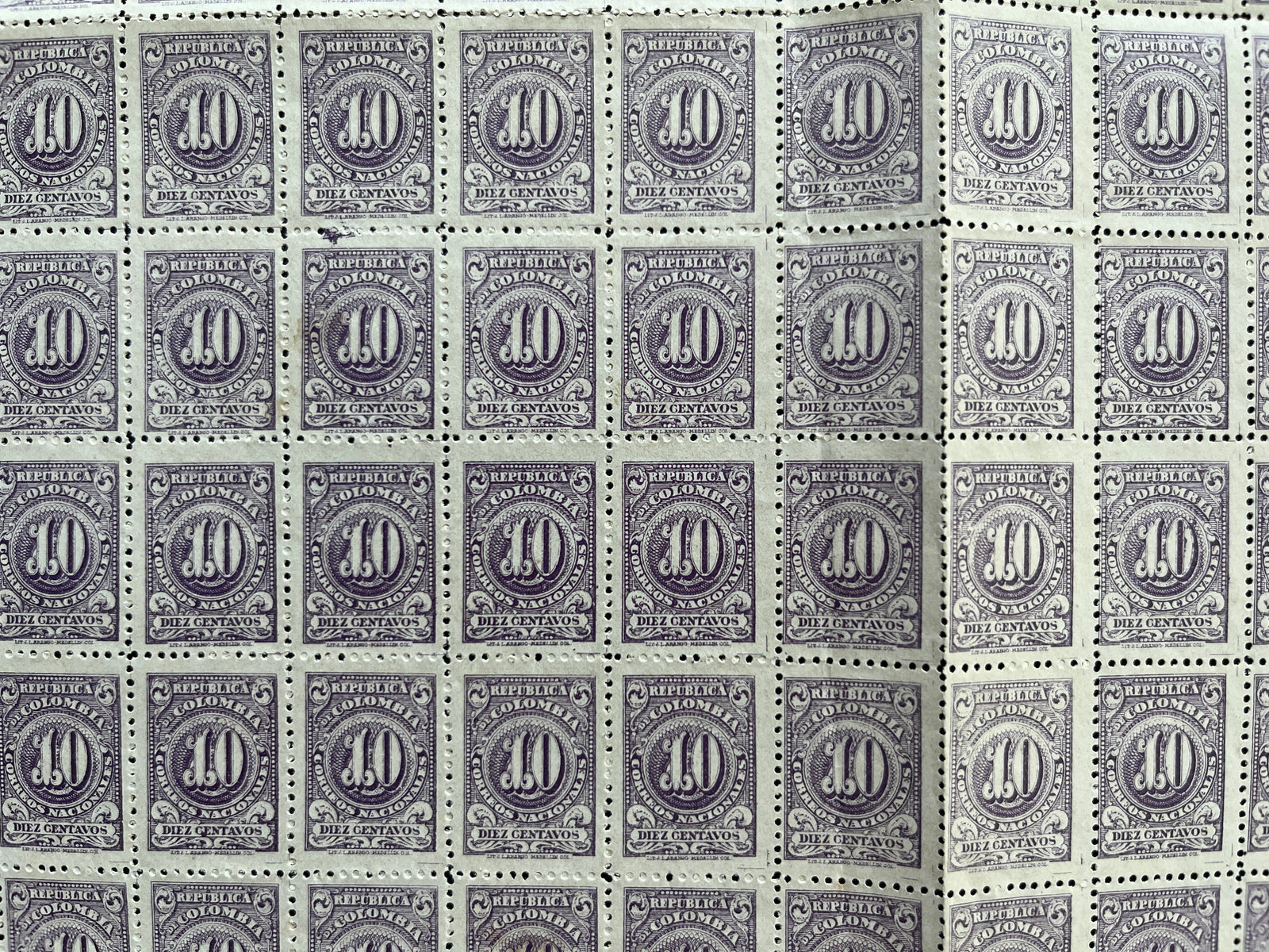 Colombia 1904 10c Violet Complete Sheet Of 200 MNH. Scott 318