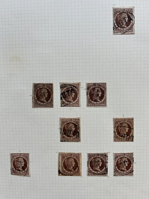 Colombia 1877 10c Brown Plating Study x 36 Stamps + Plating Sheet. Scott 74