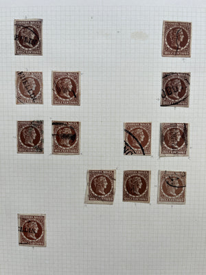 Colombia 1877 10c Brown Plating Study x 36 Stamps + Plating Sheet. Scott 74