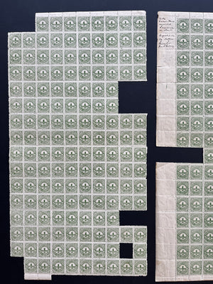 Colombia 1926 1c Green Provisional Plating Study, 2 Sheets (308 stamps) + Notes. Scott 395