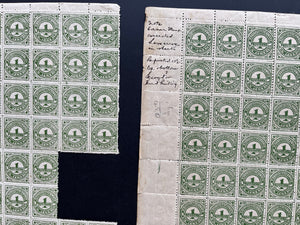 Colombia 1926 1c Green Provisional Plating Study, 2 Sheets (308 stamps) + Notes. Scott 395