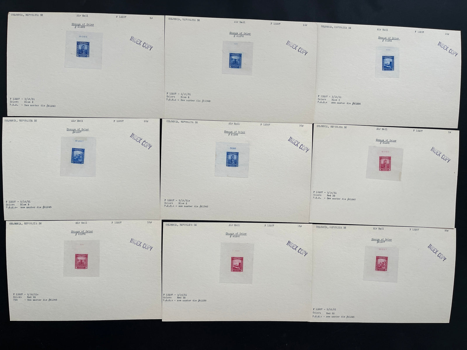 Colombia 1952 Airmail Set of Index Copy Die Proofs x 9. Scott C217-C225 var