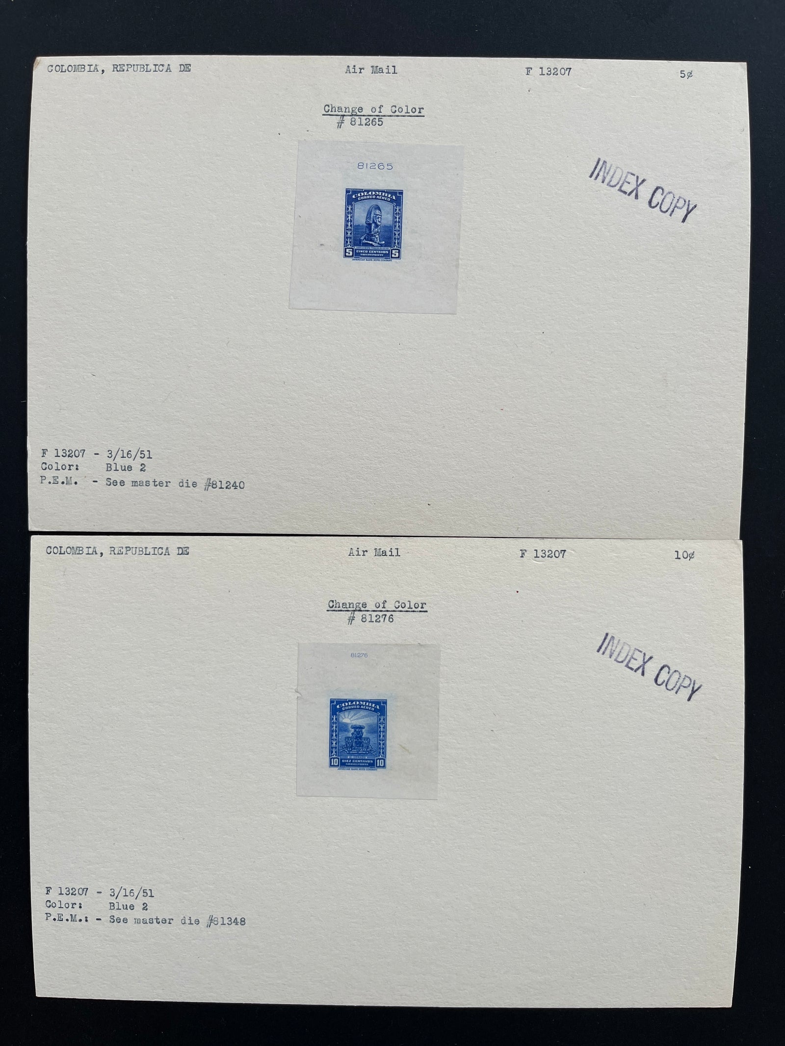 Colombia 1952 Airmail Set of Index Copy Die Proofs x 9. Scott C217-C225 var