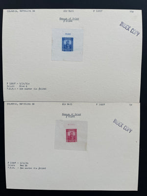Colombia 1952 Airmail Set of Index Copy Die Proofs x 9. Scott C217-C225 var