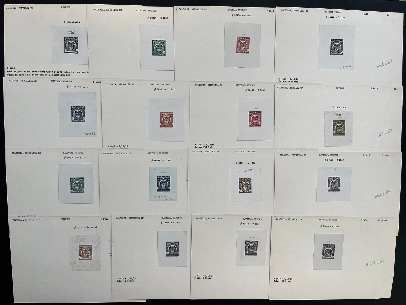 Colombia 1916 Timbre Nacional Revenue Sunken Die Proofs on Index Copy Cards x 16. Between Anyon 370-390